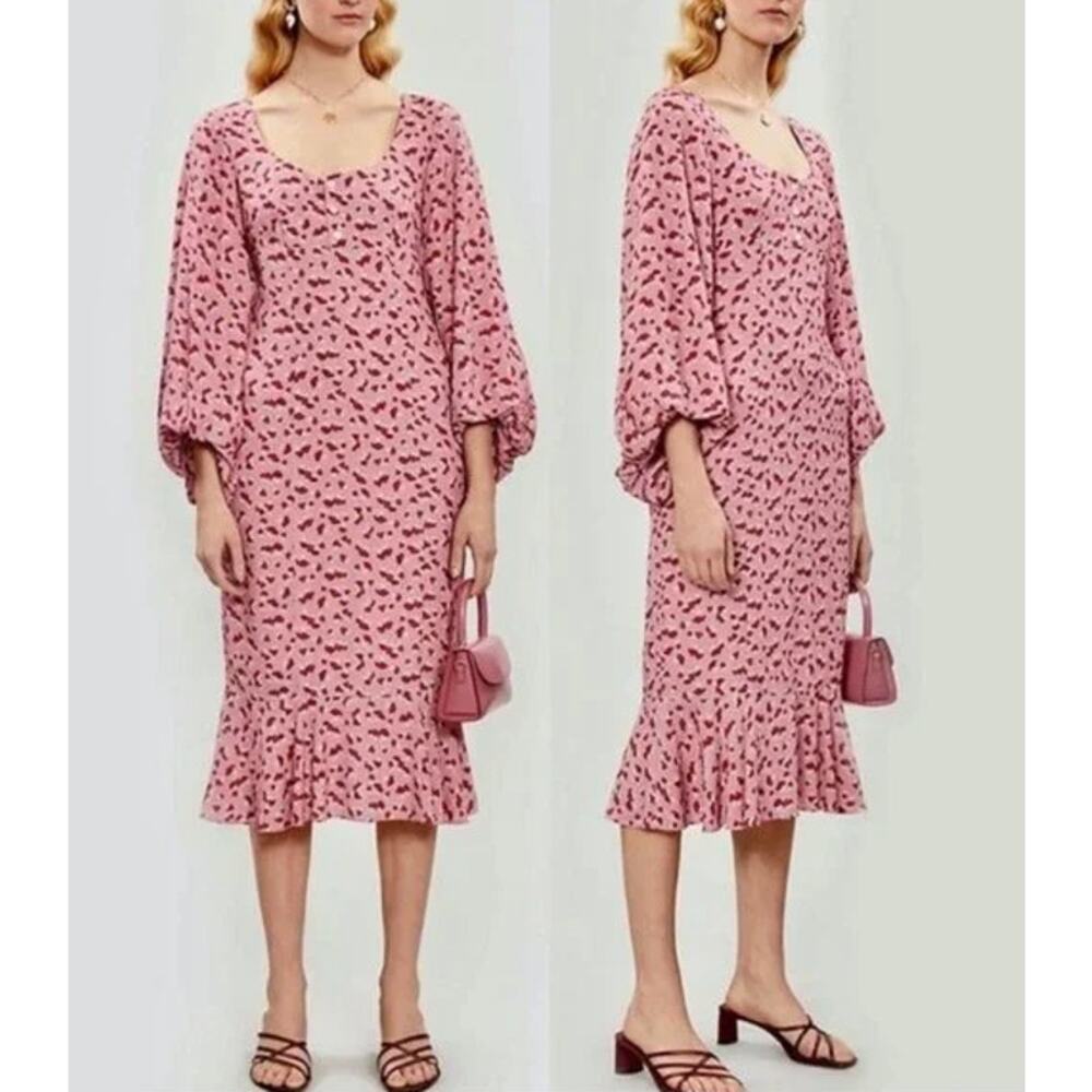 STAUD Lara Mushroom Print Midi Dress Scoop Neck Balloon Sleeve Ruffle Novelty - Picture 4 of 14